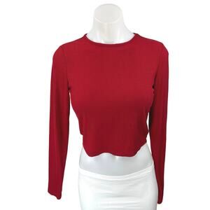 Skims Women's Red Rib Knit Long Sleeve Slim Fit Crop Shirt Sweater Top Size S